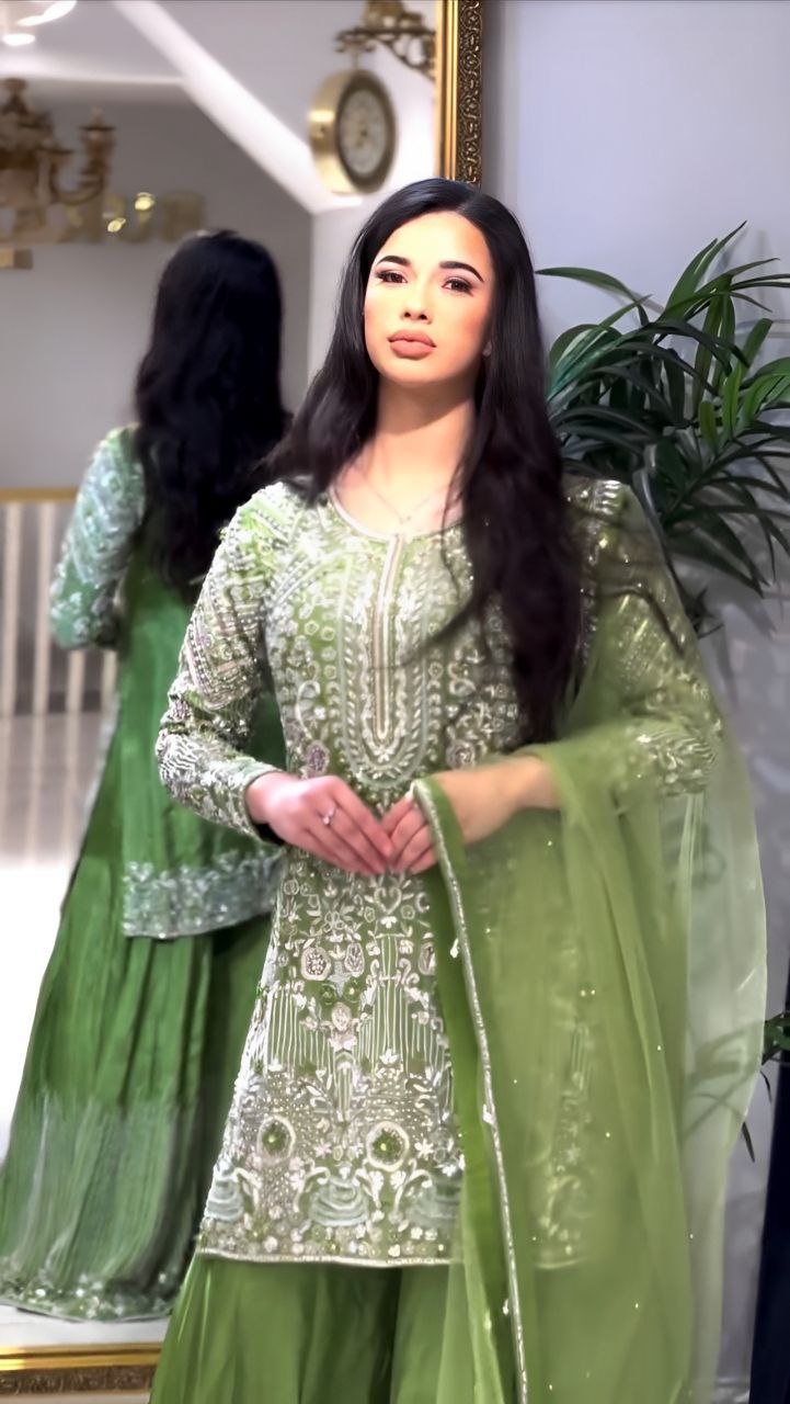 Designer Party Wear Chinnon Silk Plazzo Set with Heavy Embroidery