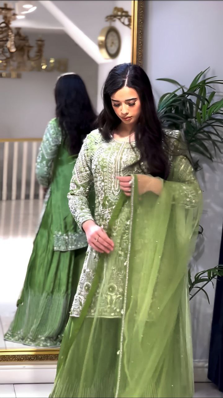 Designer Party Wear Chinnon Silk Plazzo Set with Heavy Embroidery