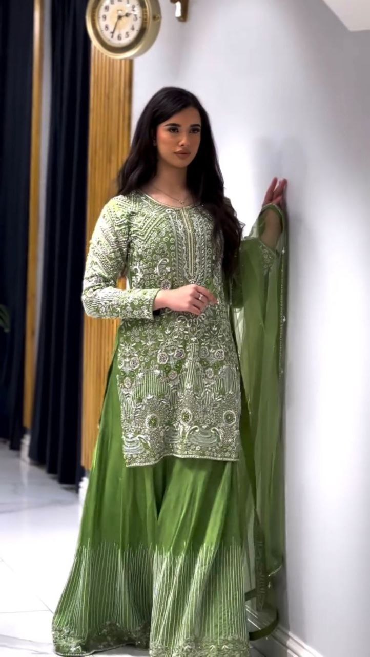 Designer Party Wear Chinnon Silk Plazzo Set with Heavy Embroidery