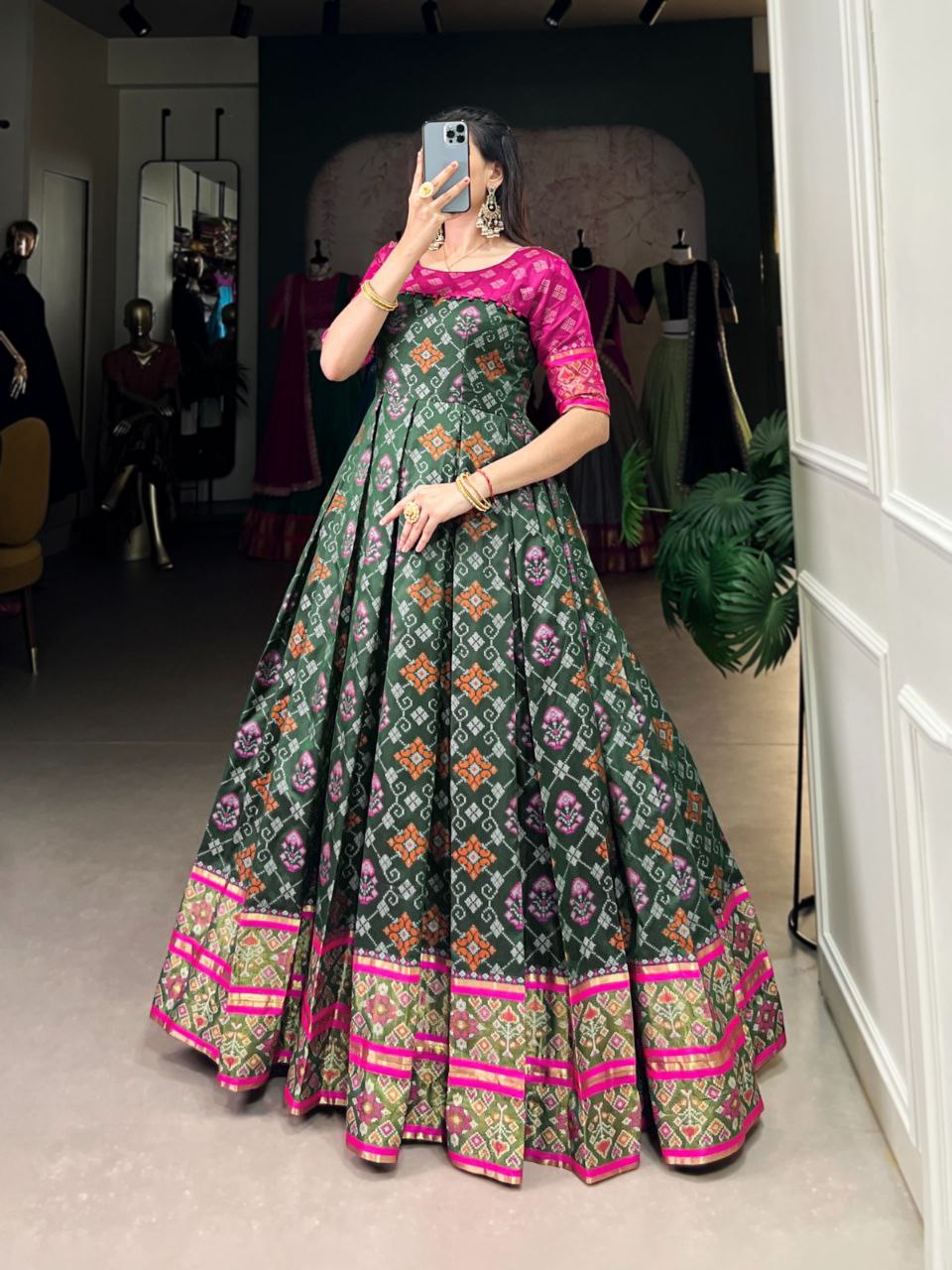 Kanjivaram Silk Jacquard Gown – Patola Print Elegance
