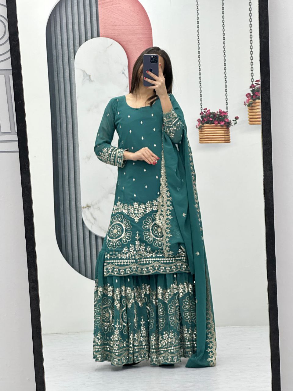 Designer Party Wear Suit with Embroidered Sharara & Dupatta