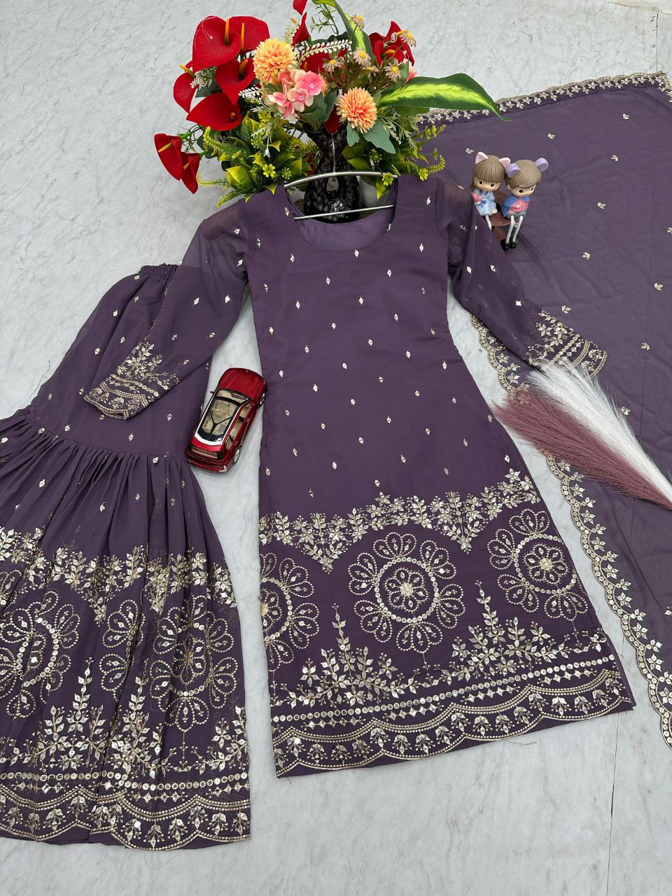 Designer Party Wear Suit with Embroidered Sharara & Dupatta