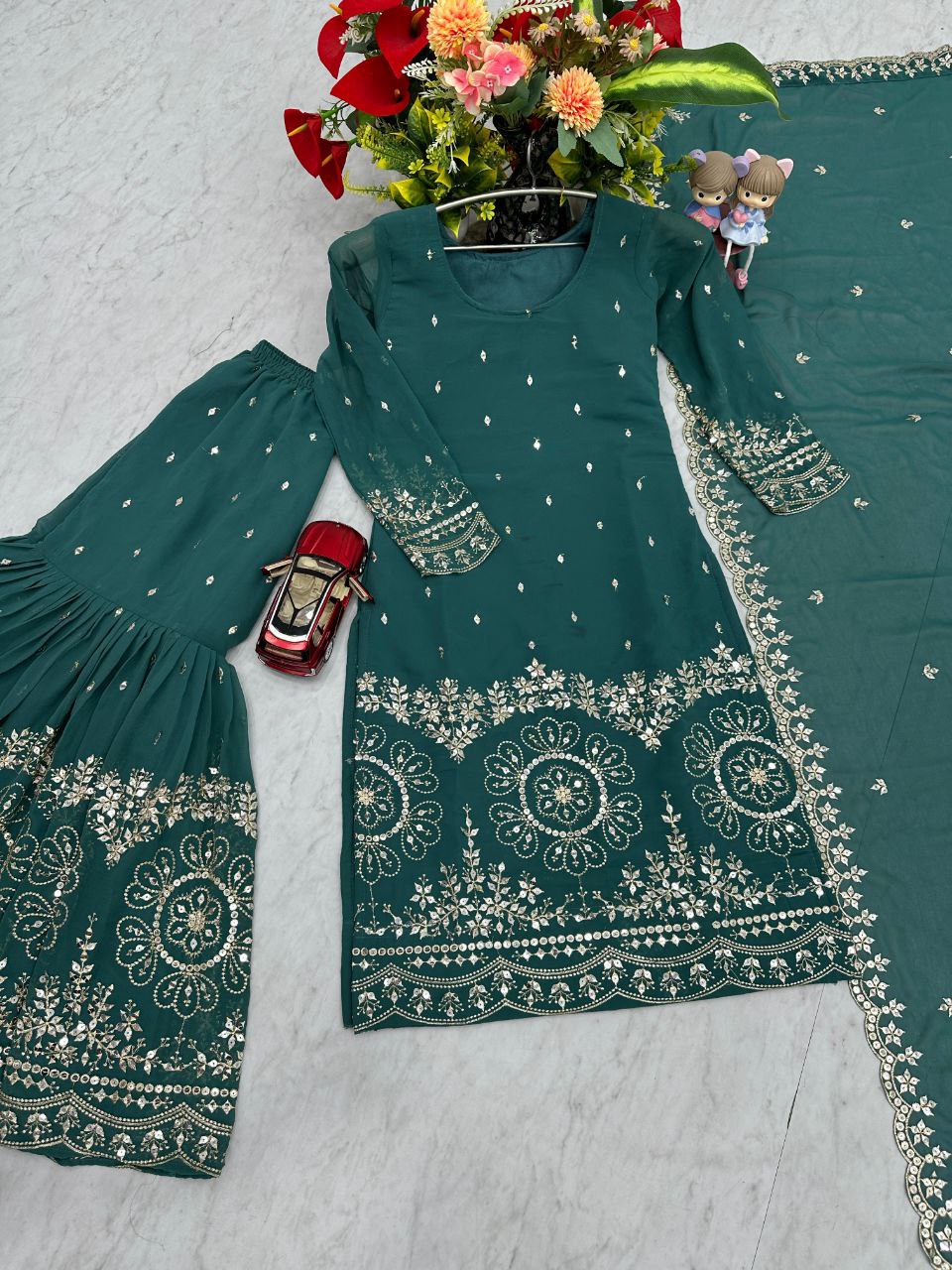 Designer Party Wear Suit with Embroidered Sharara & Dupatta