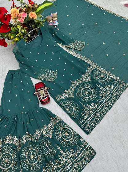 Designer Party Wear Suit with Embroidered Sharara & Dupatta