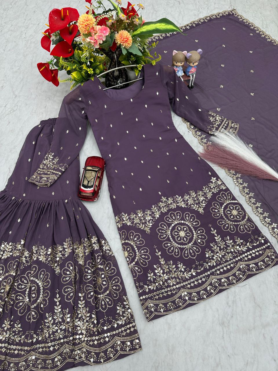 Designer Party Wear Suit with Embroidered Sharara & Dupatta