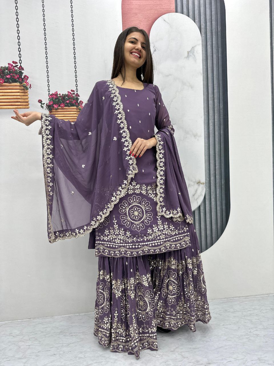 Designer Party Wear Suit with Embroidered Sharara & Dupatta