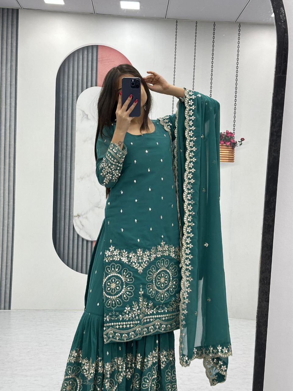 Designer Party Wear Suit with Embroidered Sharara & Dupatta