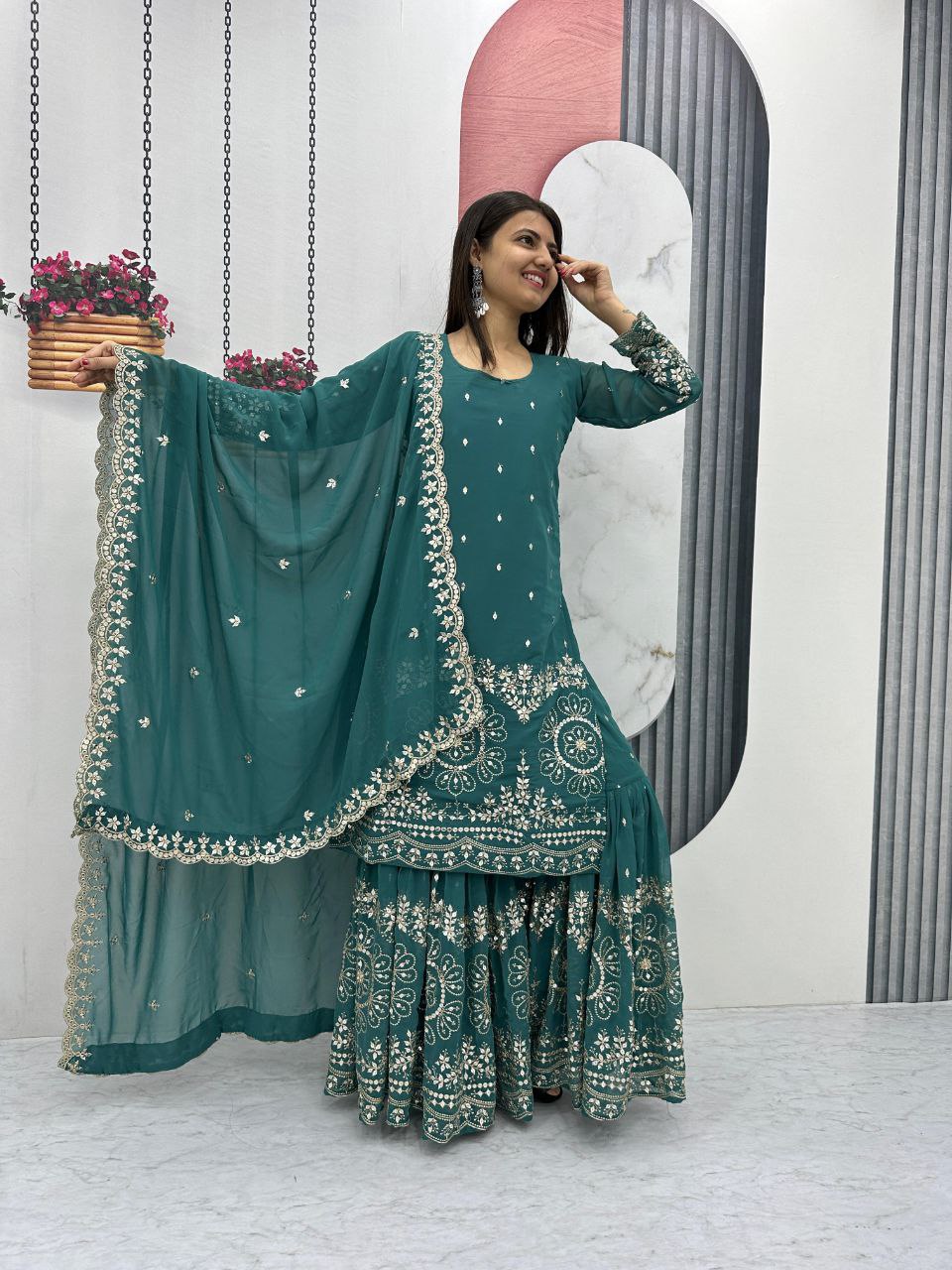 Designer Party Wear Suit with Embroidered Sharara & Dupatta