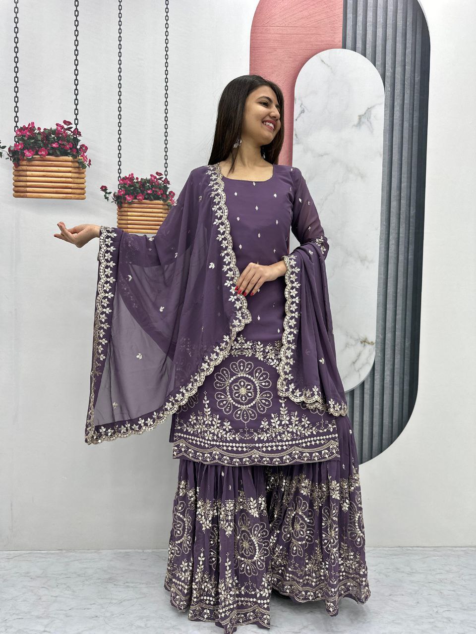 Designer Party Wear Suit with Embroidered Sharara & Dupatta