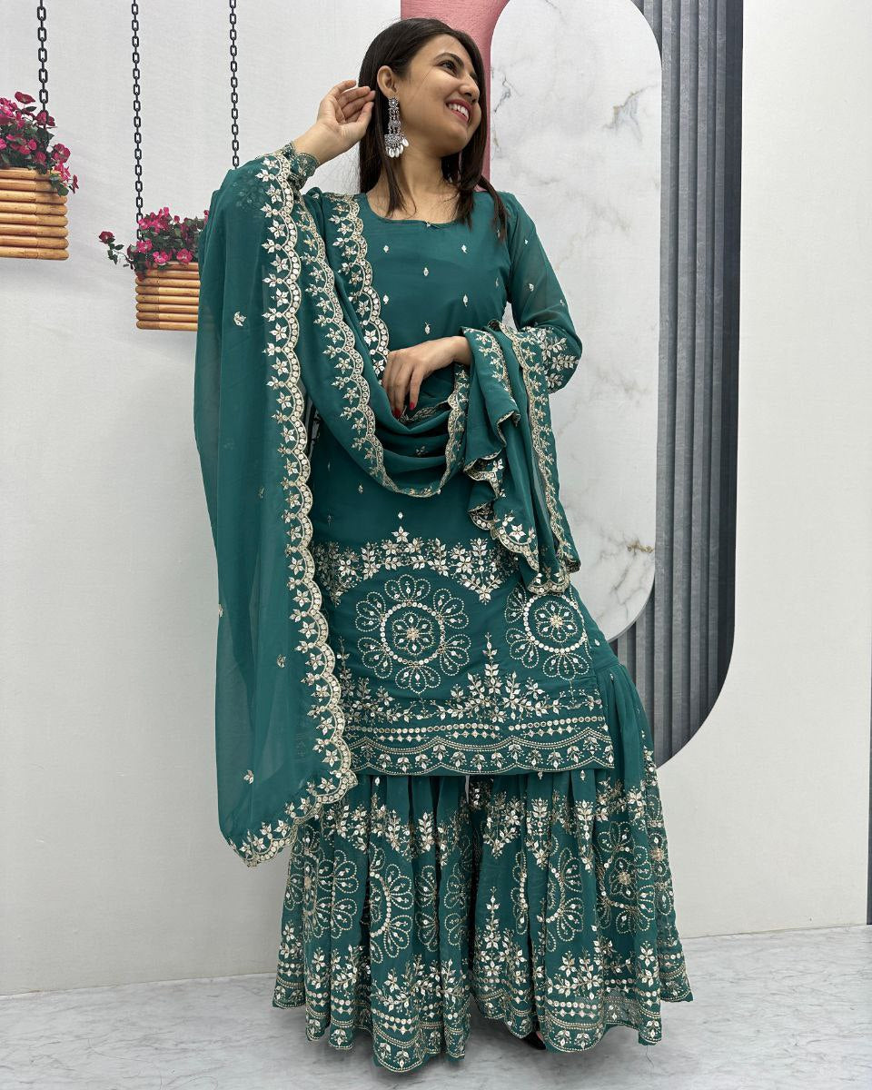 Designer Party Wear Suit with Embroidered Sharara & Dupatta