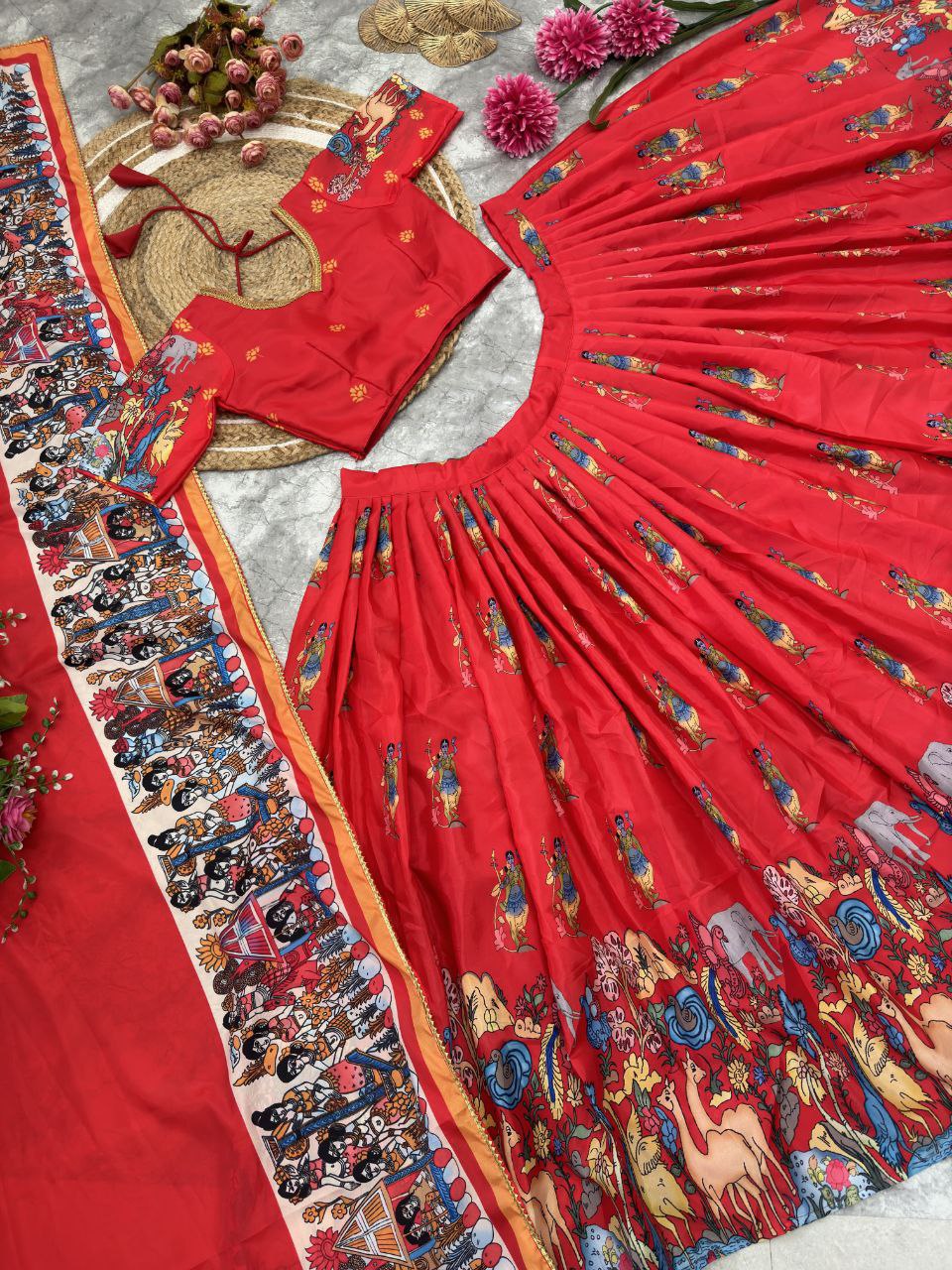 Designer Kalamkari French Crape Silk Lahenga Choli with Dupatta