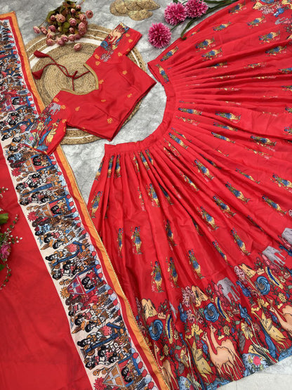 Designer Kalamkari French Crape Silk Lahenga Choli with Dupatta