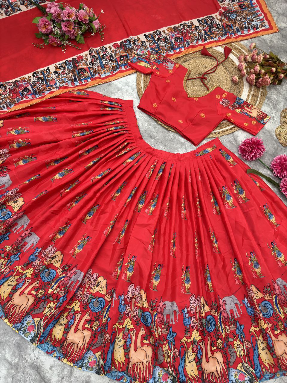Designer Kalamkari French Crape Silk Lahenga Choli with Dupatta