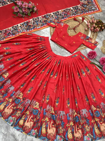 Designer Kalamkari French Crape Silk Lahenga Choli with Dupatta