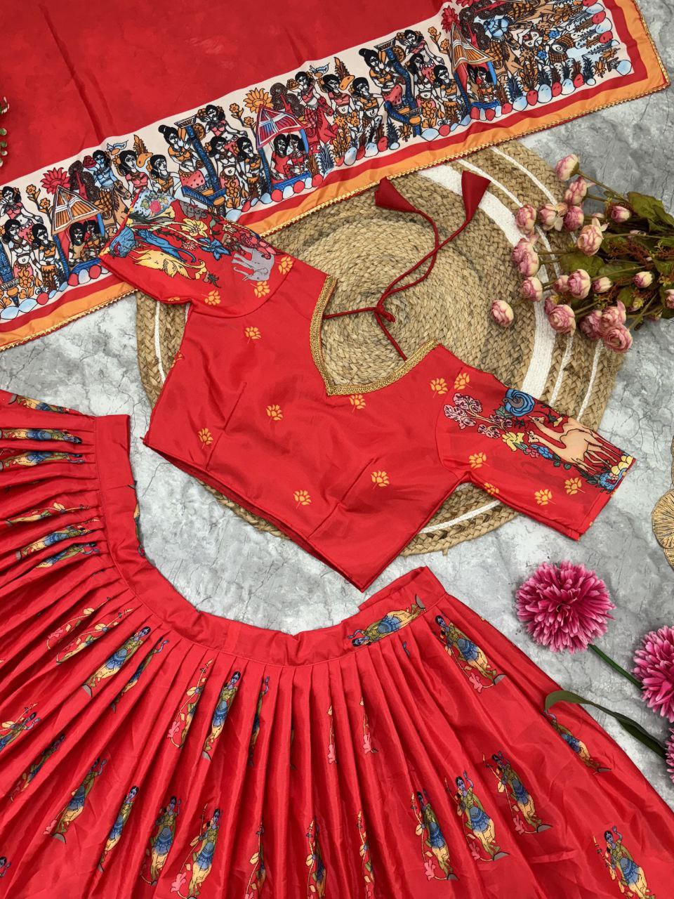 Designer Kalamkari French Crape Silk Lahenga Choli with Dupatta