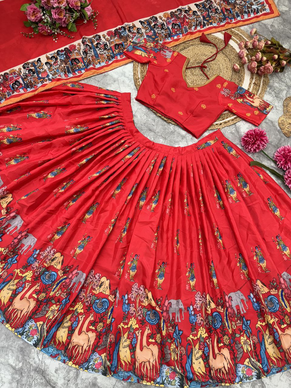 Designer Kalamkari French Crape Silk Lahenga Choli with Dupatta