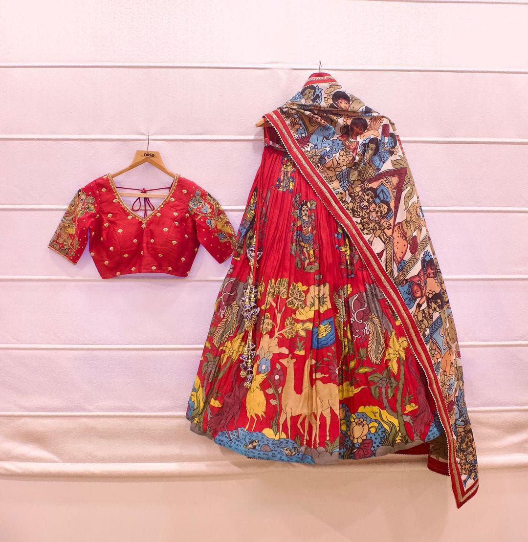 Designer Kalamkari French Crape Silk Lahenga Choli with Dupatta