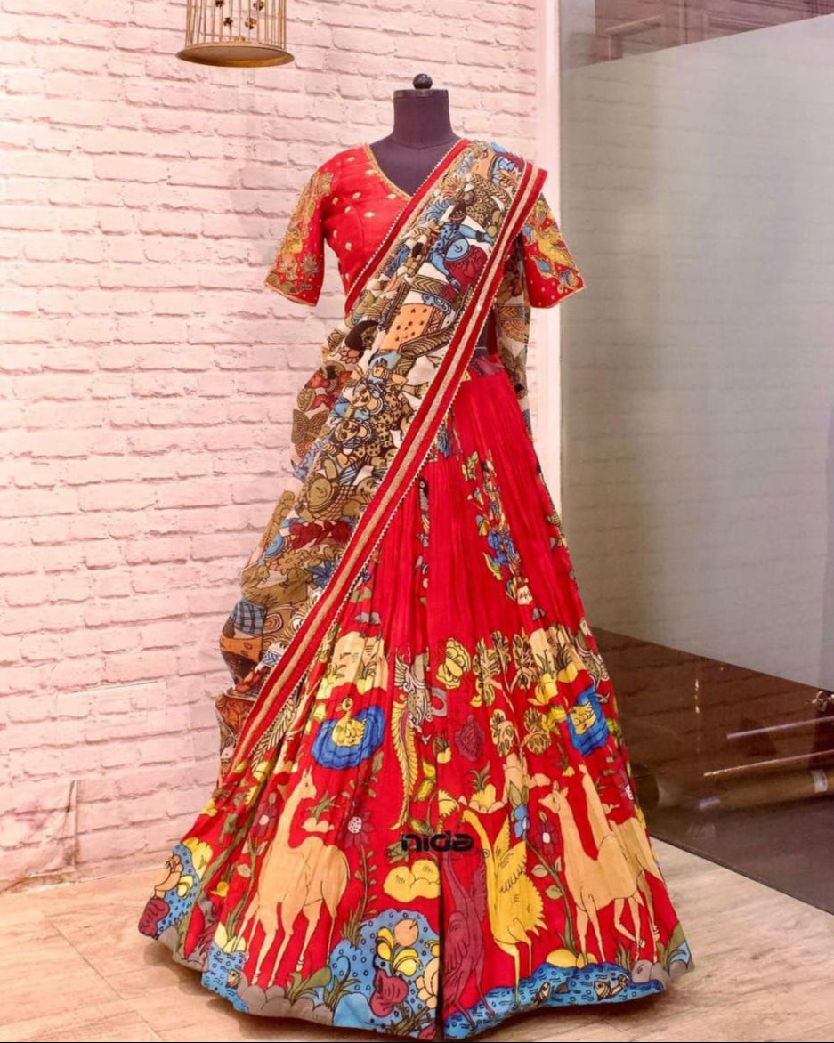Designer Kalamkari French Crape Silk Lahenga Choli with Dupatta 