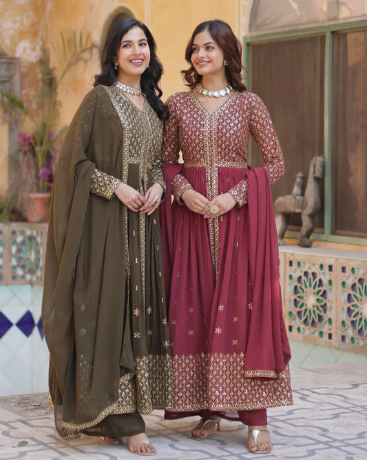 Premium Faux Georgette Embroidered Kurti Pant Dupatta Set with Fancy V Neck