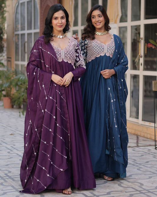 Premium Star Georgette Embroidered Gown with Dupatta