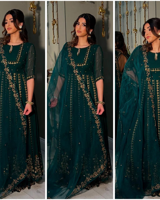 Pure Fox Georgette Gown with Embroidered Dupatta & Pant Set