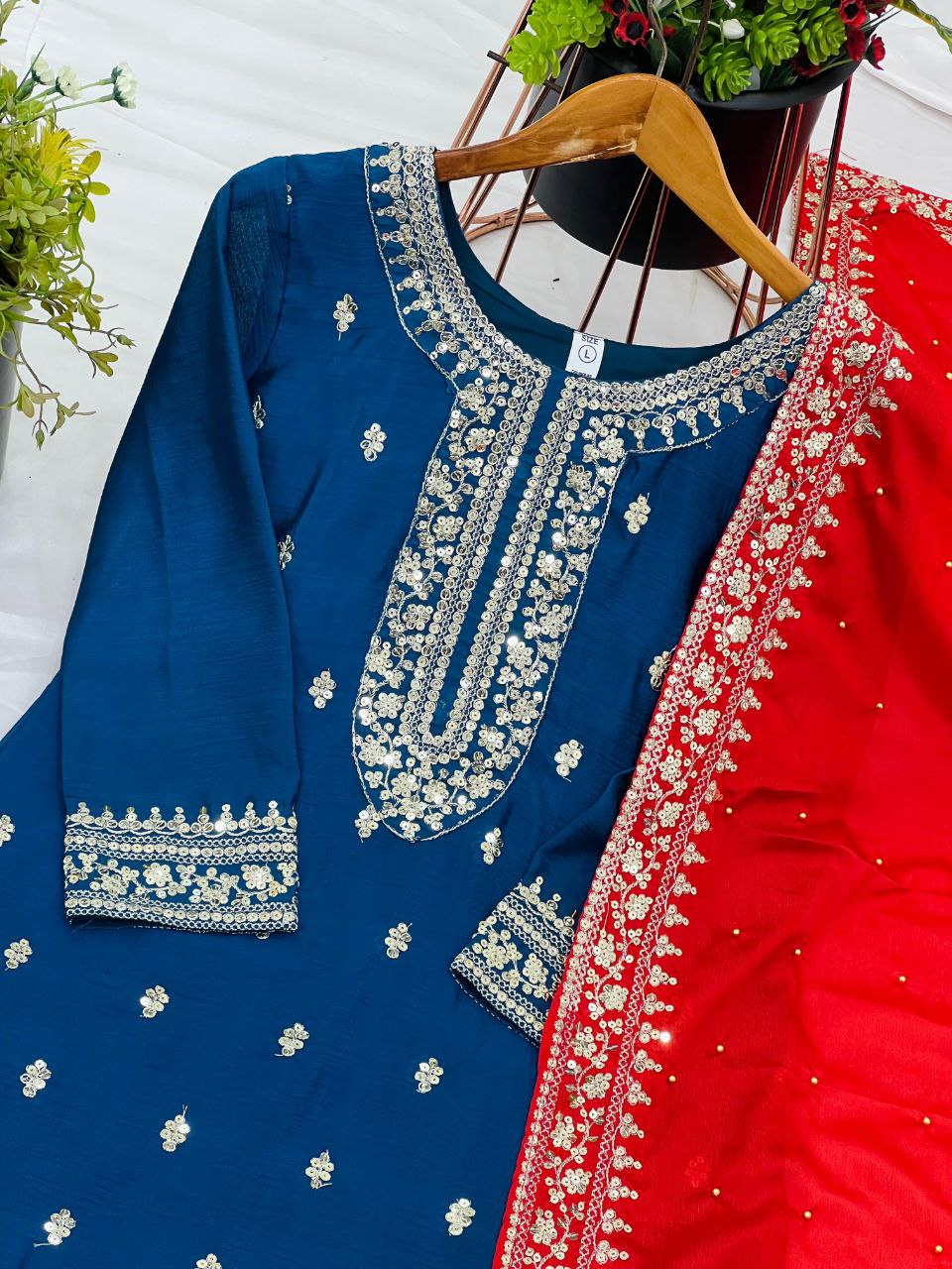 New Festival Collection – Chinnon Silk Embroidered Top, Pant & Dupatta Set