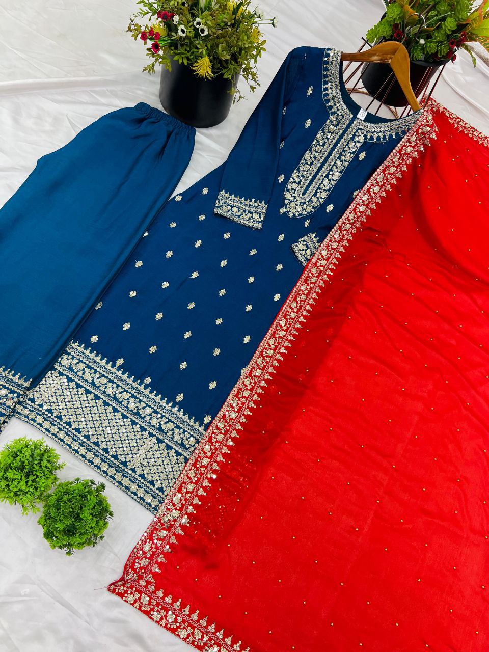 New Festival Collection – Chinnon Silk Embroidered Top, Pant & Dupatta Set