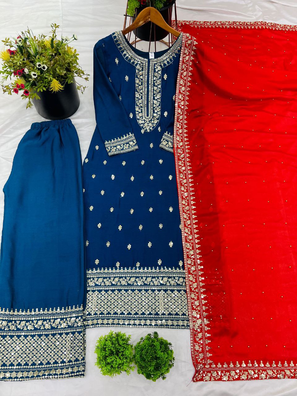New Festival Collection – Chinnon Silk Embroidered Top, Pant & Dupatta Set