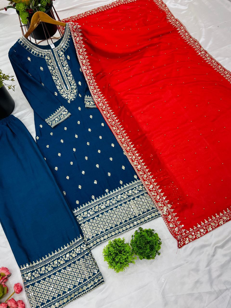 New Festival Collection – Chinnon Silk Embroidered Top, Pant & Dupatta Set