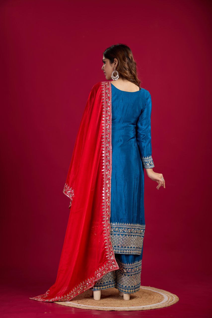 New Festival Collection – Chinnon Silk Embroidered Top, Pant & Dupatta Set