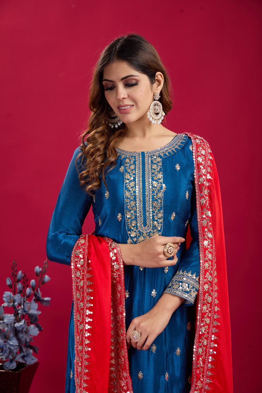 New Festival Collection – Chinnon Silk Embroidered Top, Pant & Dupatta Set