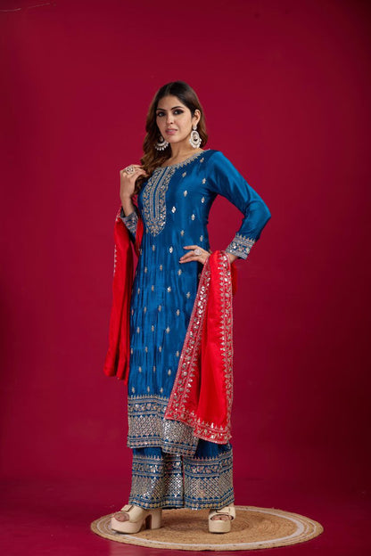 New Festival Collection – Chinnon Silk Embroidered Top, Pant & Dupatta Set