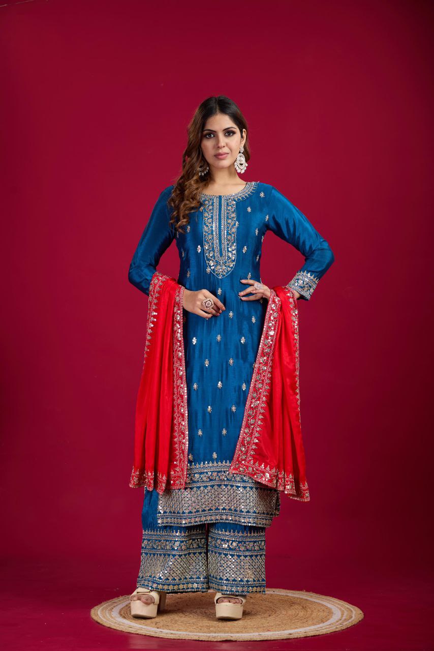 New Festival Collection – Chinnon Silk Embroidered Top, Pant & Dupatta Set