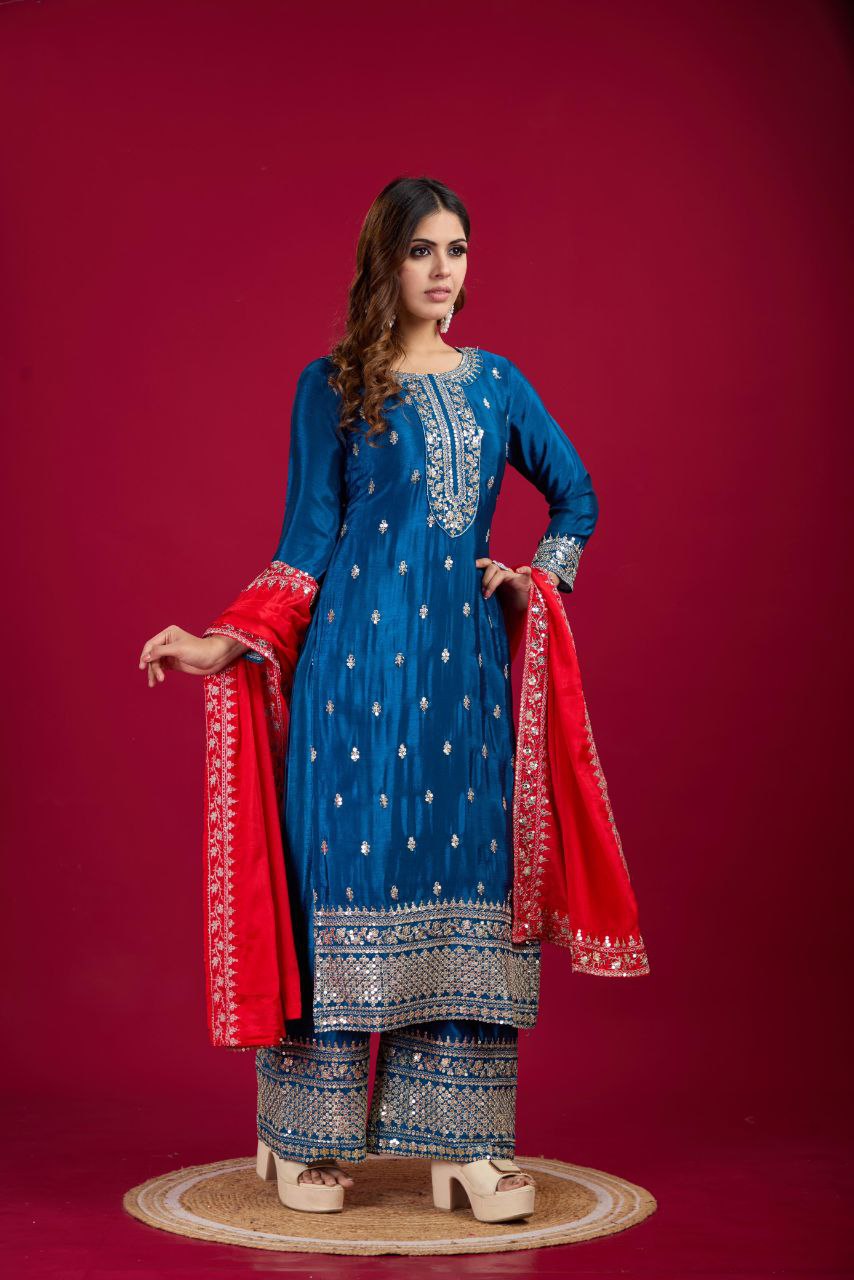 New Festival Collection – Chinnon Silk Embroidered Top, Pant & Dupatta Set