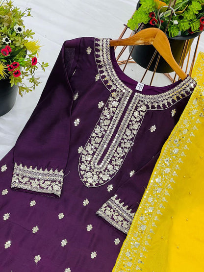 New Festival Collection – Chinnon Silk Embroidered Top, Pant & Dupatta Set