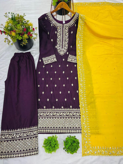 New Festival Collection – Chinnon Silk Embroidered Top, Pant & Dupatta Set