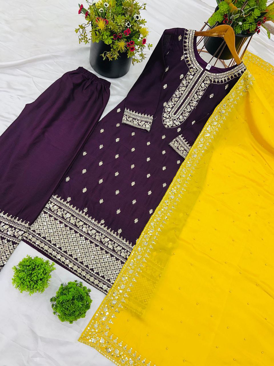 New Festival Collection – Chinnon Silk Embroidered Top, Pant & Dupatta Set