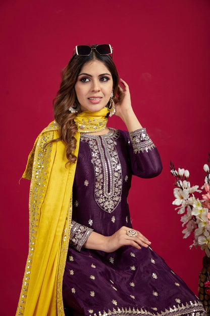 New Festival Collection – Chinnon Silk Embroidered Top, Pant & Dupatta Set