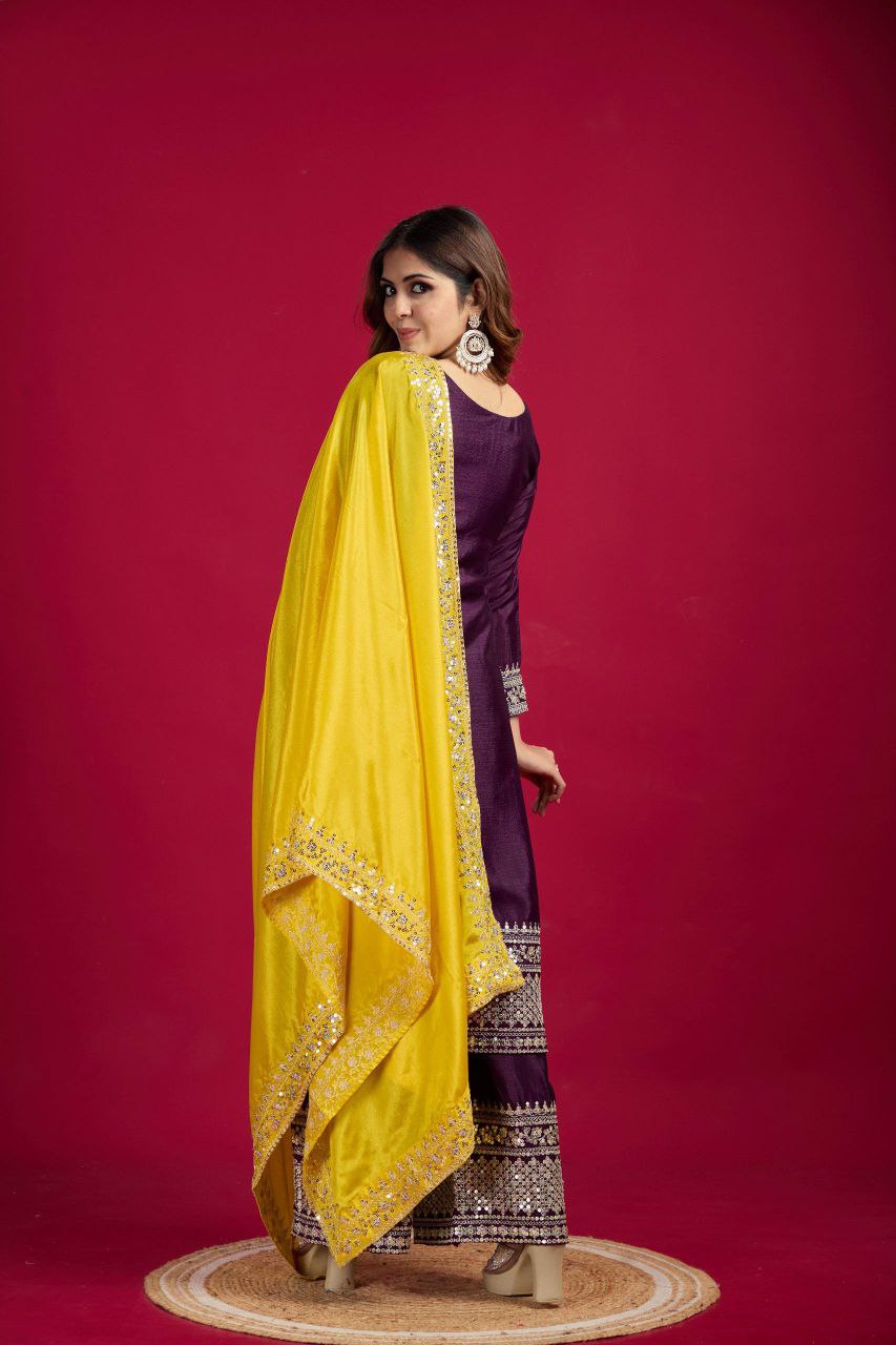 New Festival Collection – Chinnon Silk Embroidered Top, Pant & Dupatta Set