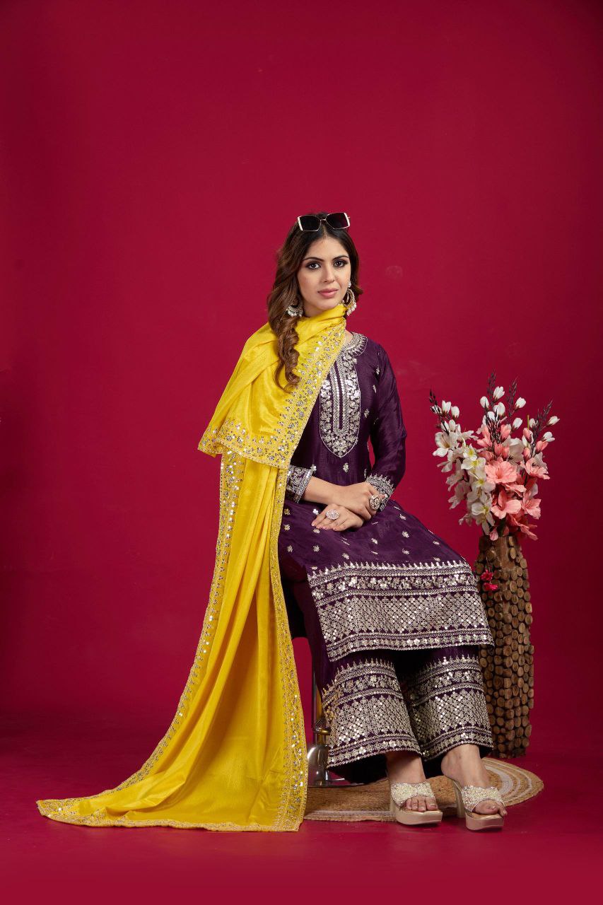 New Festival Collection – Chinnon Silk Embroidered Top, Pant & Dupatta Set