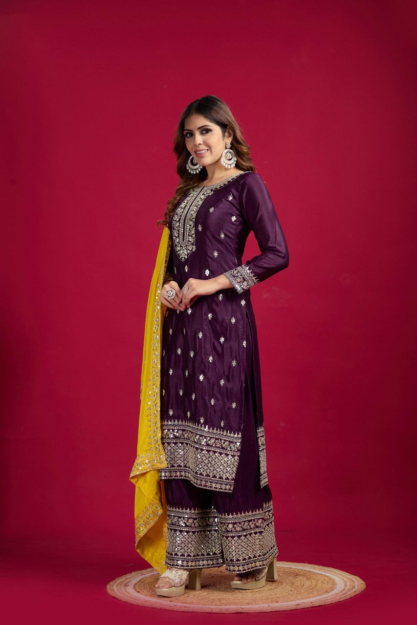 New Festival Collection – Chinnon Silk Embroidered Top, Pant & Dupatta Set