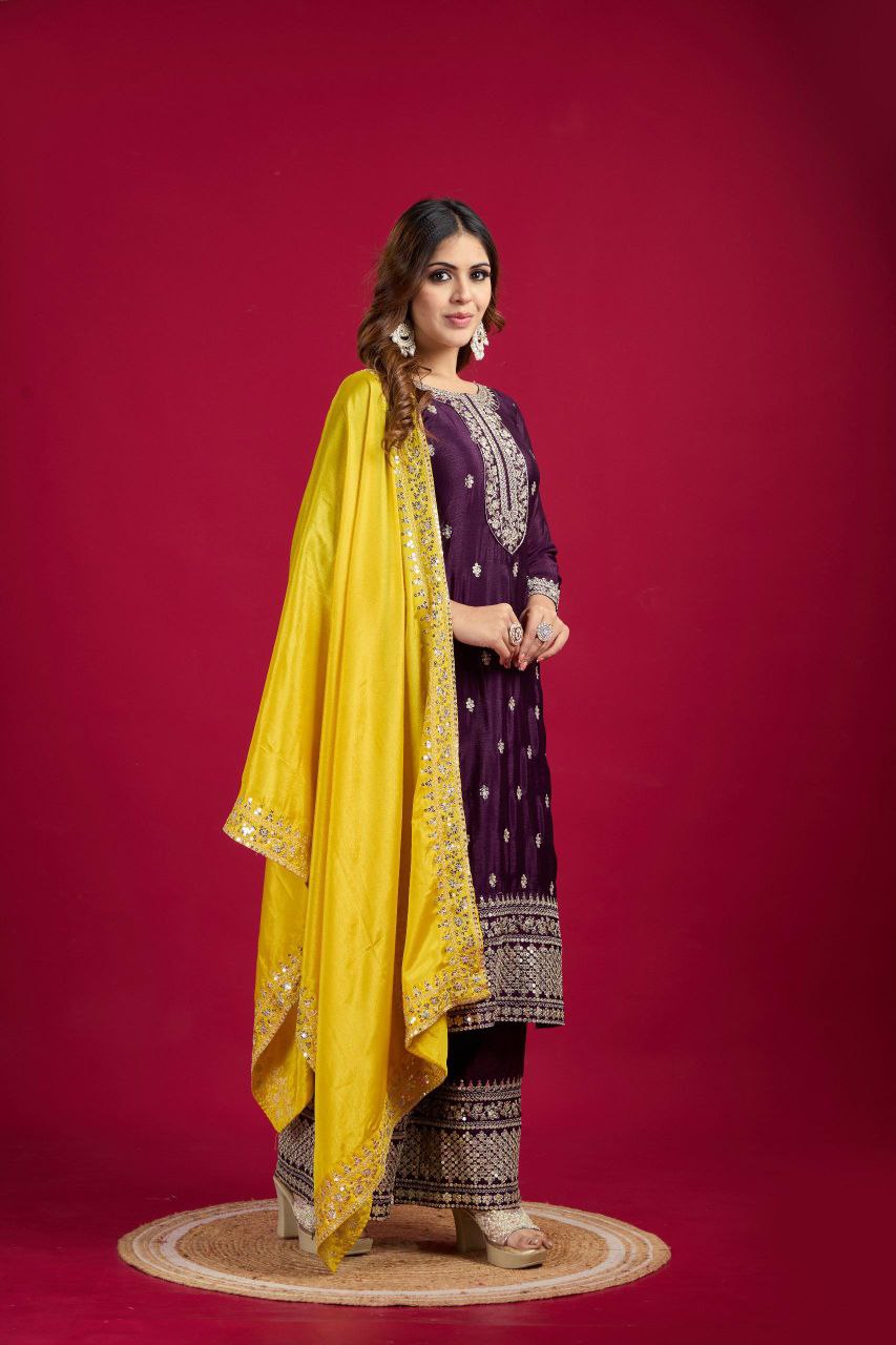 New Festival Collection – Chinnon Silk Embroidered Top, Pant & Dupatta Set