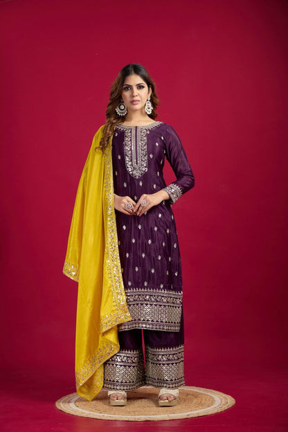 New Festival Collection – Chinnon Silk Embroidered Top, Pant & Dupatta Set