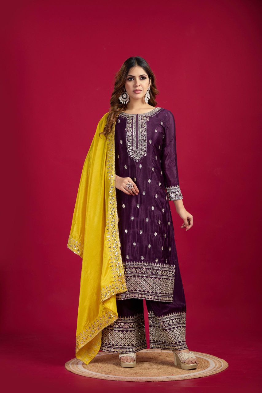 New Festival Collection – Chinnon Silk Embroidered Top, Pant & Dupatta Set