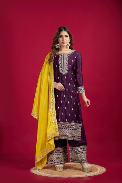 New Festival Collection – Chinnon Silk Embroidered Top, Pant & Dupatta Set