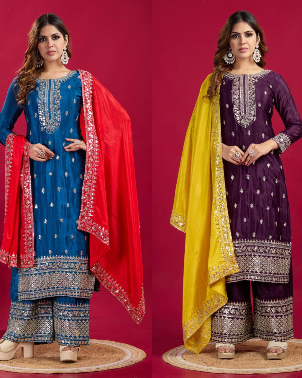 Elegant Chinnon Silk Festival Set with Embroidery & Sequins – Fully Stitched & Ready to Wear