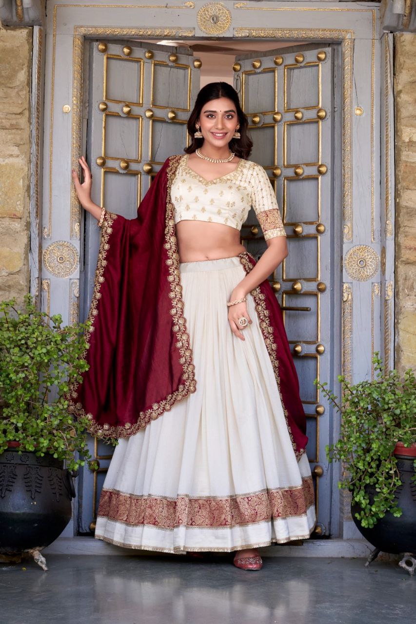 Vichitra Silk Lehenga Choli with Zari Weaving & Sequins Dupatta – Pranavi Collection