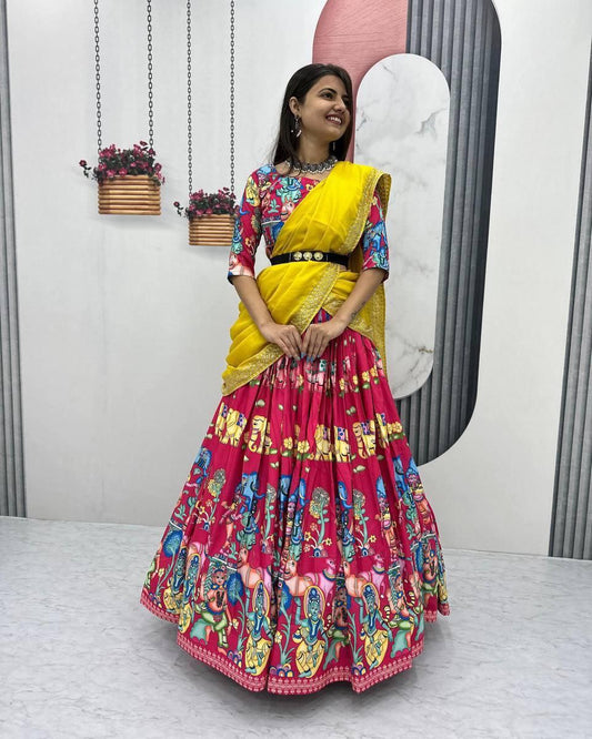 Kalamkari Printed Lehenga Choli with Chinon Embroidered Dupatta – Fully Stitched Festival Wear