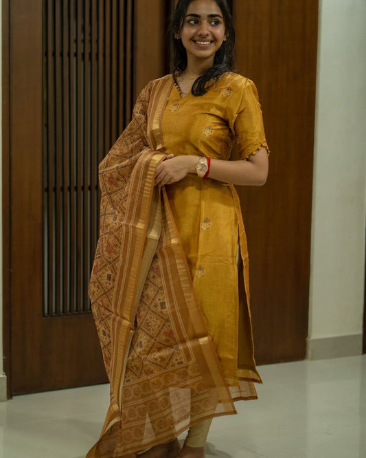 Banarasi Silk Yellow Buti Suit Set with Organza Dupatta & Moti Mala – Elegant Ethnic Wear for Women
