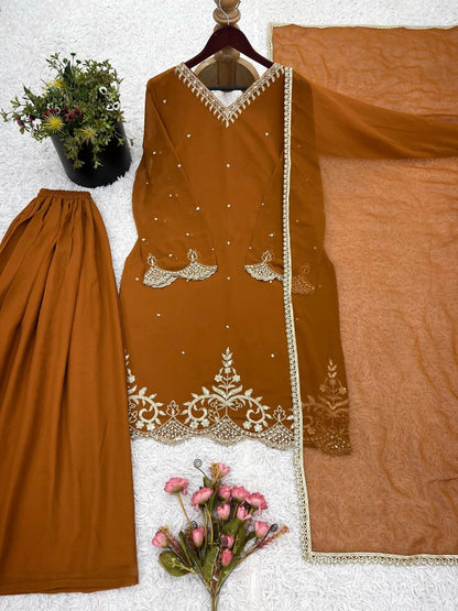 Designer Party Wear Top-Sharara Plazzo Set with Dupatta – Heavy Embroidered Faux Georgette | Readymade Suit for Women